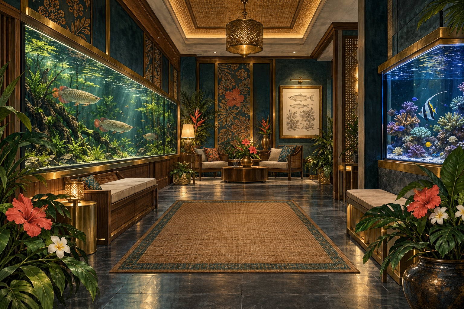 Concept illustration of a future Hotel Sufardi Aquarium room with separate glass displays, warm brass, botanical details and a place to sit.