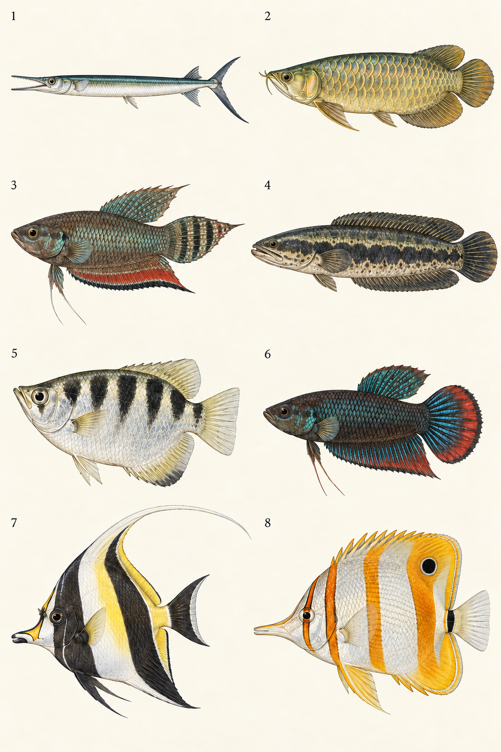 Eight original natural-history fish illustrations, ordered to match the plate numbers in the entries below: hound needlefish, Asian arowana, Penang betta, giant snakehead, banded archerfish, peaceful betta, Moorish idol and copperband butterflyfish.