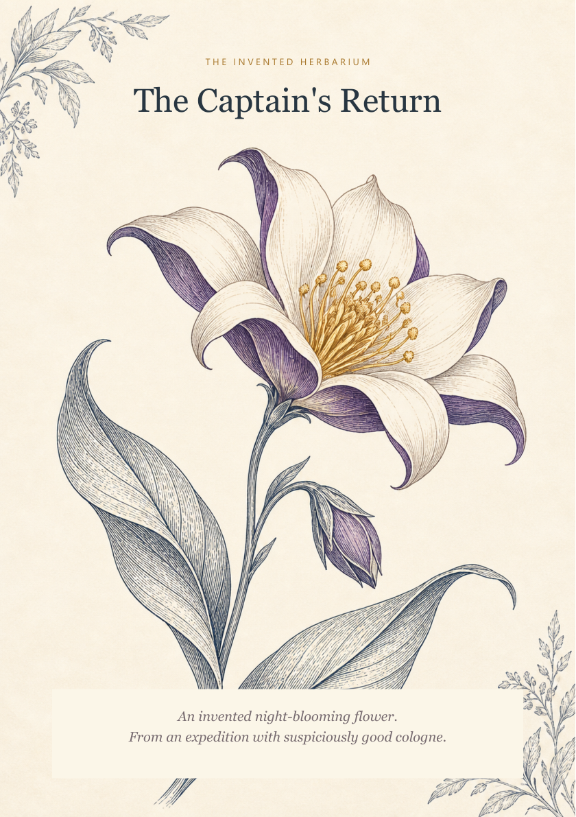 The Captain’s Return: an invented ivory and violet night flower, framed with botanical drawings and cooking utensils.