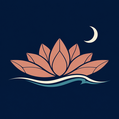DCB Productions: a salmon cybernetic water lily, ivory crescent moon, and flowing wave