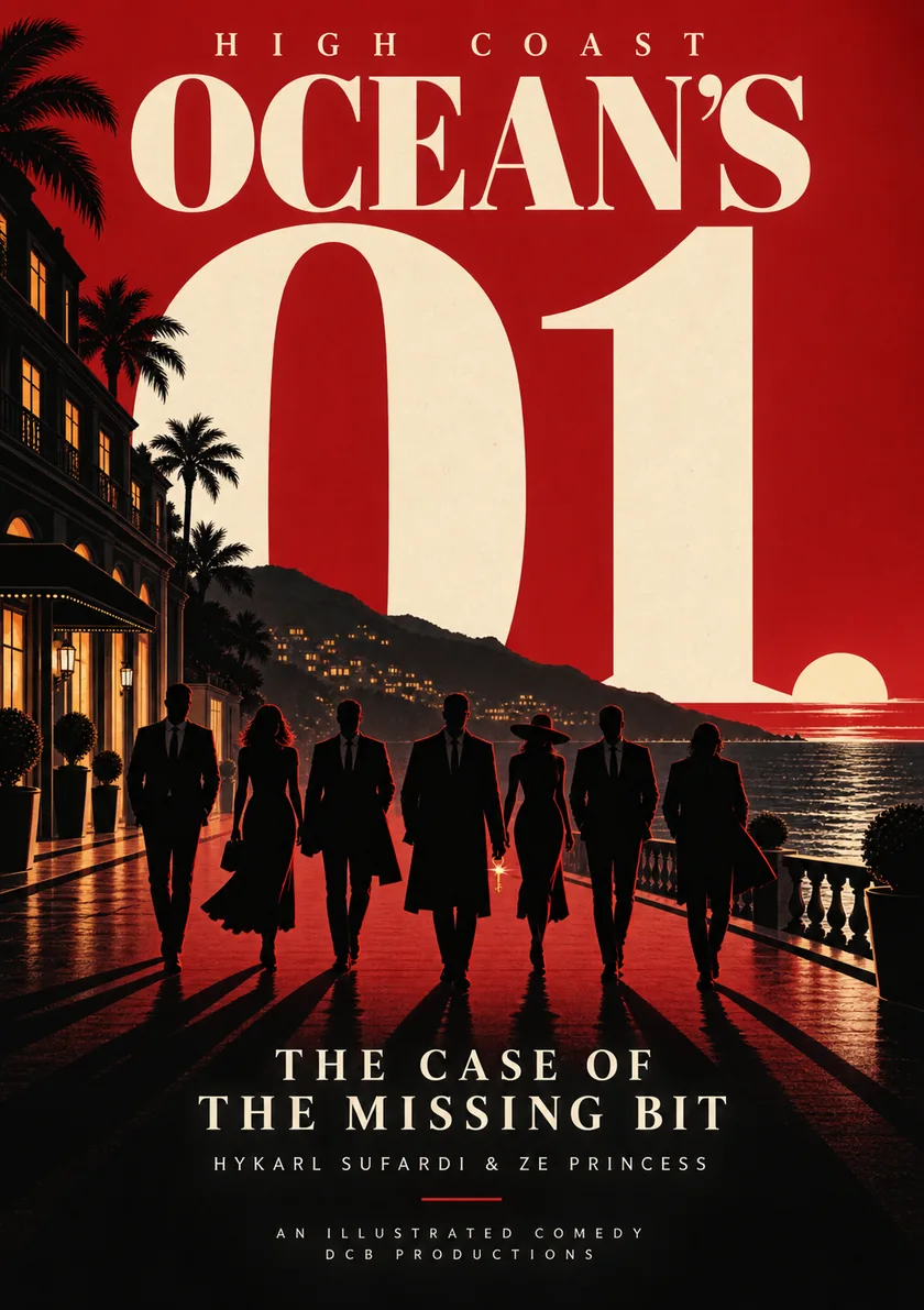High Coast Ocean’s 01: seven fictional crew silhouettes outside a coastal hotel, in a red, black and ivory movie-poster illustration.