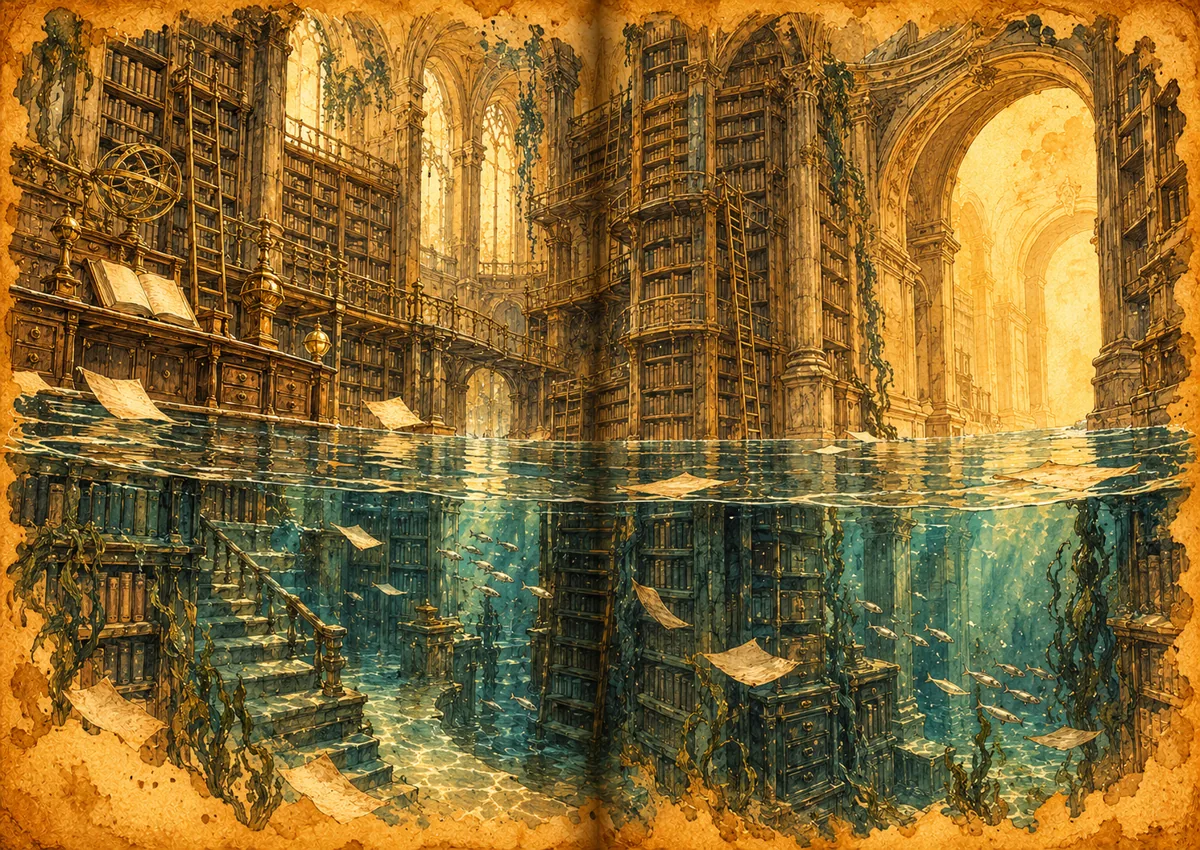 An imagined golden archive with towering shelves, flooded floors and blue-green water.