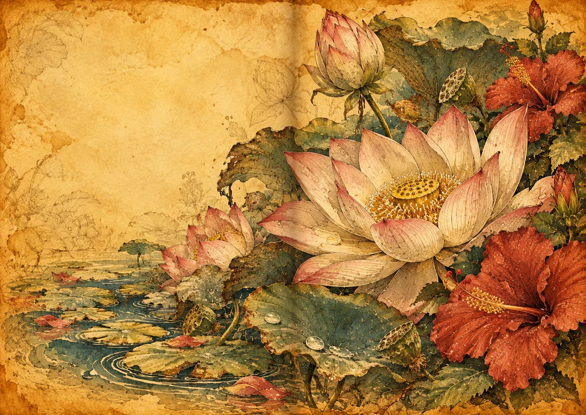 Botanical forms and water rendered in warm honey-gold tones.