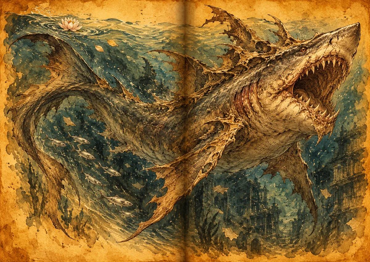 A close window onto the illustrated shark study, its teeth emerging from honey-coloured shadow.