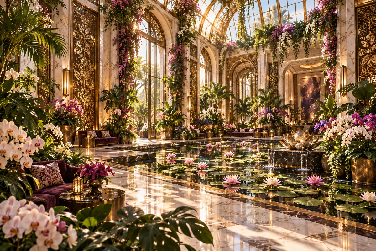 Imagined sunlit glass-roof conservatory overflowing with orchids, flowering vines and tropical greenery around a pink water-lily pool, with marble arches and brass batik screens.