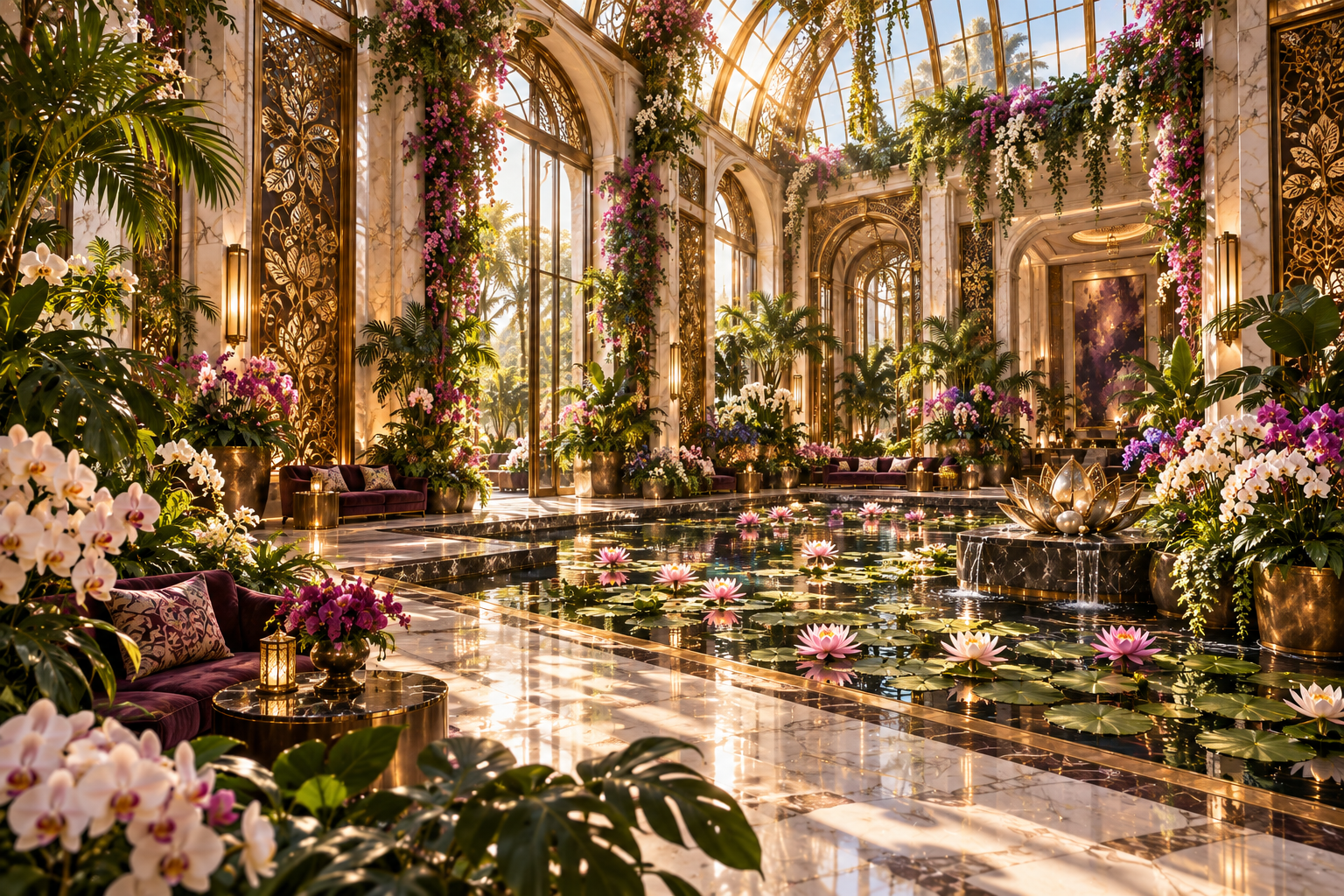 Imagined sunlit glass-roof conservatory overflowing with orchids, flowering vines and tropical greenery around a pink water-lily pool, with marble arches and brass batik screens.