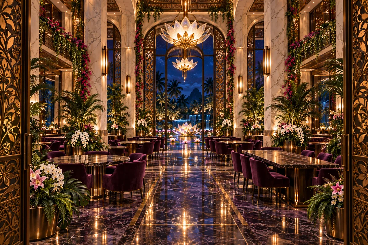 Imagined grand dining room with beautifully crafted tables, mulberry chairs, marble columns, brass batik screens and abundant flowers and greenery overlooking the water garden at night. No people or food.