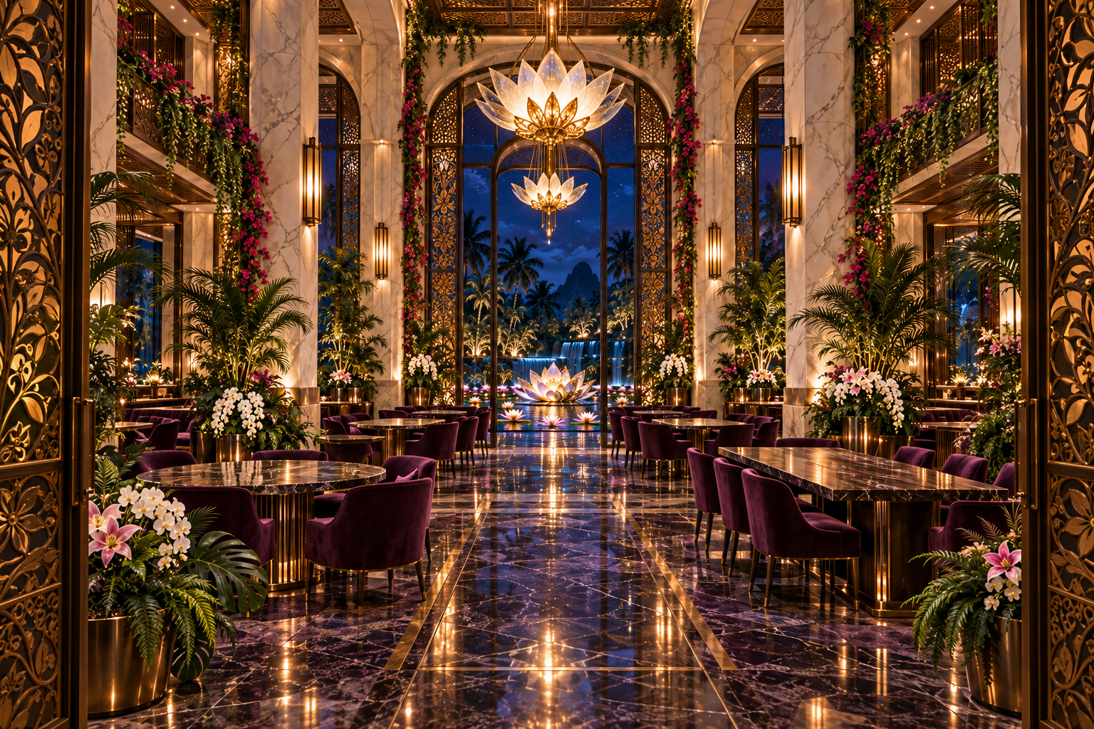 Imagined grand dining room with beautifully crafted tables, mulberry chairs, marble columns, brass batik screens and abundant flowers and greenery overlooking the water garden at night. No people or food.