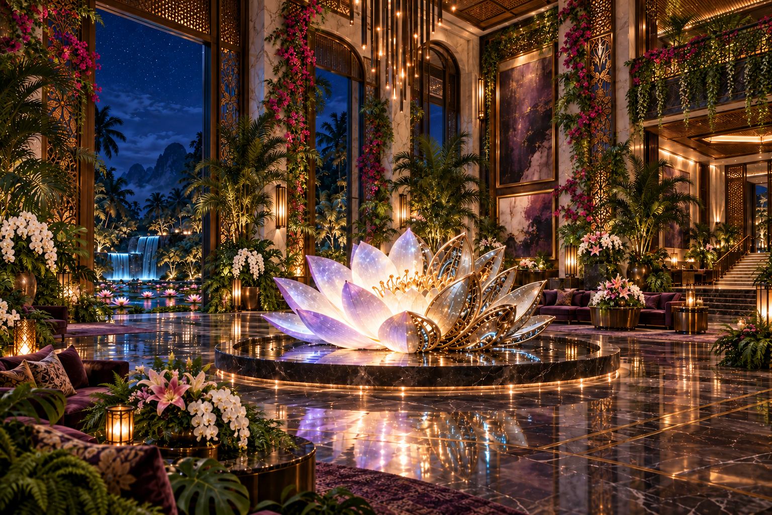 Imagined grand gallery salon with marble columns wrapped in flowering vines, orchids, palms, batik brass screens and a luminous mechanical water lily beneath a night sky.