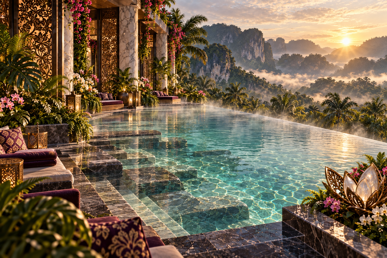 Imagined steaming infinity hot-spring pool at sunrise, opening toward tropical greenery and distant limestone cliffs, with stone terraces, batik screens and flowering plants.