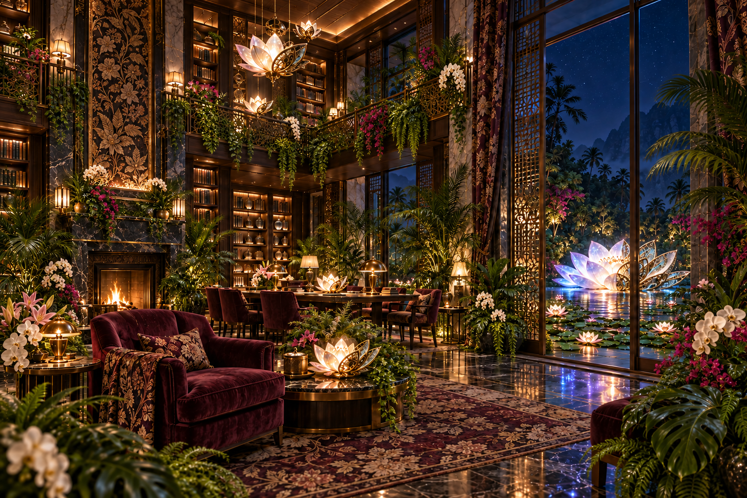 Imagined two-storey library with dark timber bookshelves, trailing plants over a brass-railed mezzanine, orchids, burgundy armchairs and batik curtains looking out over the illuminated lily pond.