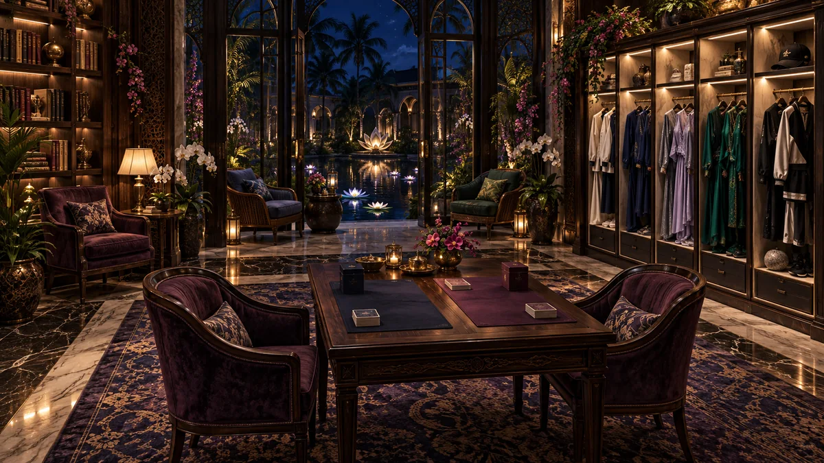 An imagined salon overlooking the illuminated lily courtyard, with five velvet and cane chairs, a two-player card table, bookshelves and five wardrobe bays in ivory, indigo, lilac, emerald and black. A black cap rests above the sportswear.