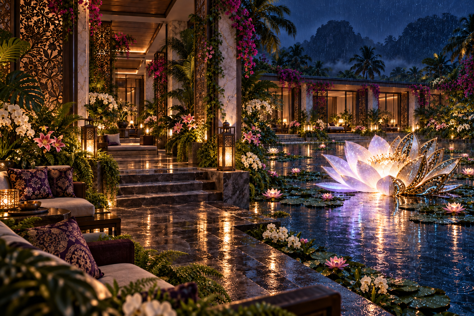Imagined sheltered marble colonnade framed by bougainvillea, orchids and ferns beside a midnight reflecting pool filled with lily pads and a glowing mechanical water lily.