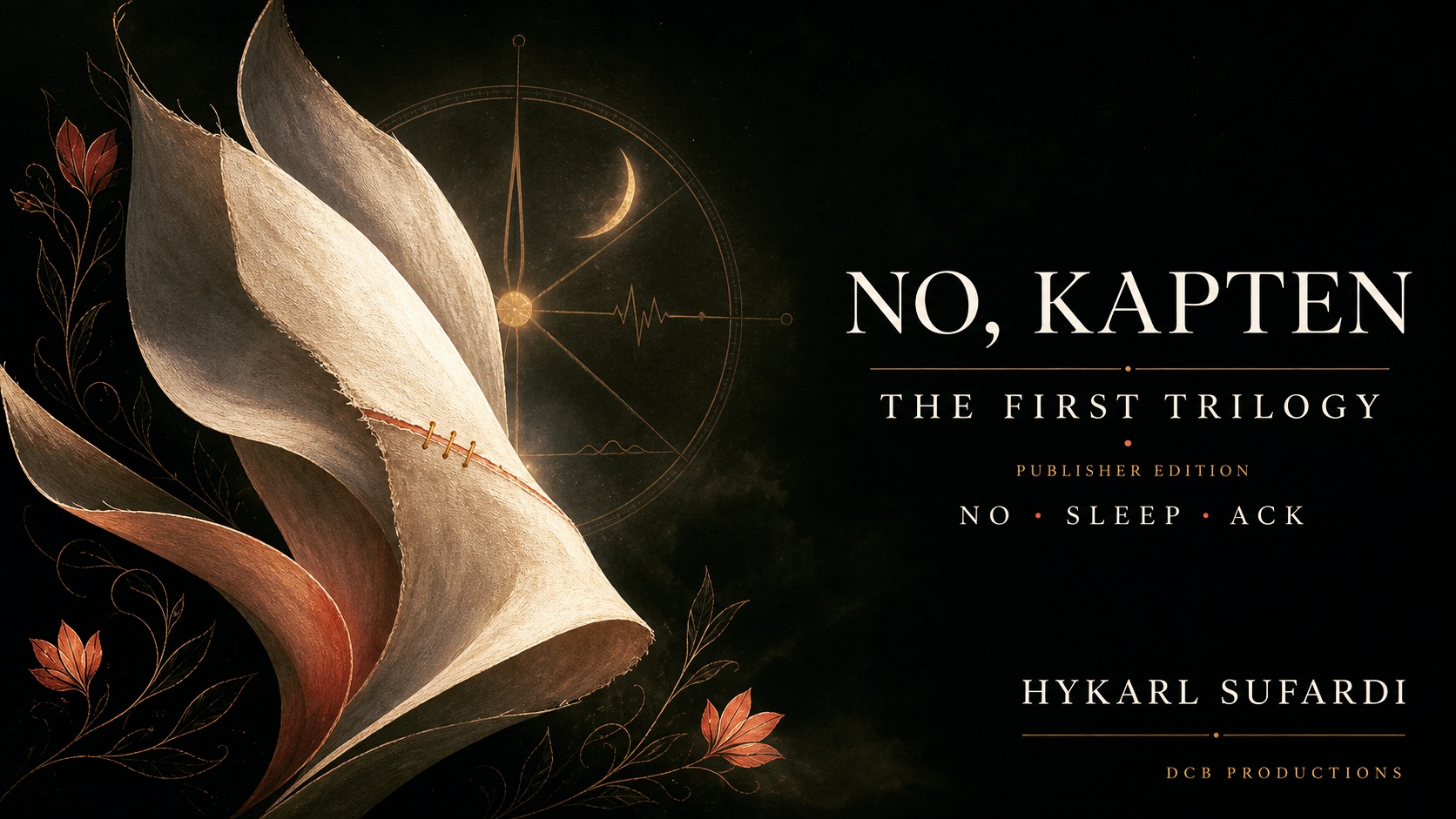 A stitched ivory petal against a dark background, No Kapten trilogy artwork.
