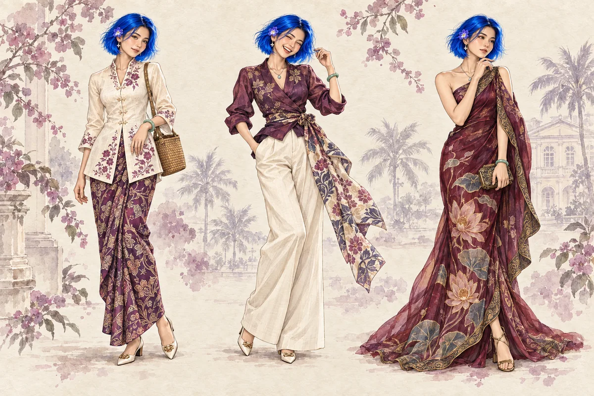 Three watercolor studies of the same adult Miss Watson with an electric-blue bob: ivory kebaya and plum sarong, a laughing pose in a batik wrap blouse and cream trousers, and a wine-colored water-lily evening dress.