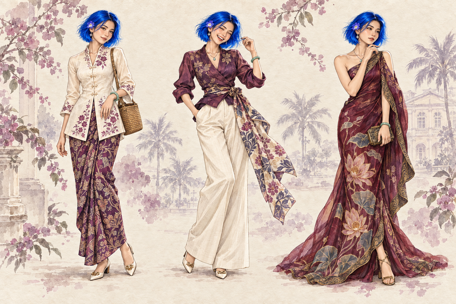 Three watercolor studies of the same adult Miss Watson with an electric-blue bob: ivory kebaya and plum sarong, a laughing pose in a batik wrap blouse and cream trousers, and a wine-colored water-lily evening dress.