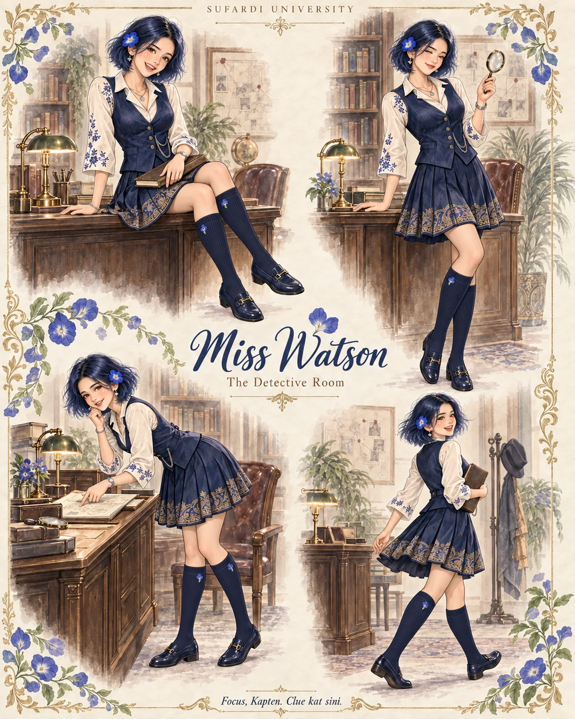 Four full-body watercolor poses of adult Miss Watson with a dark navy bob and blue flower: seated on the desk, holding a magnifying glass, examining a case file and looking back as she walks away. Her Sufardi University outfit combines an embroidered ivory blouse, navy waistcoat, batik-trim pleated skirt, flower-embroidered knee-high socks and loafers.