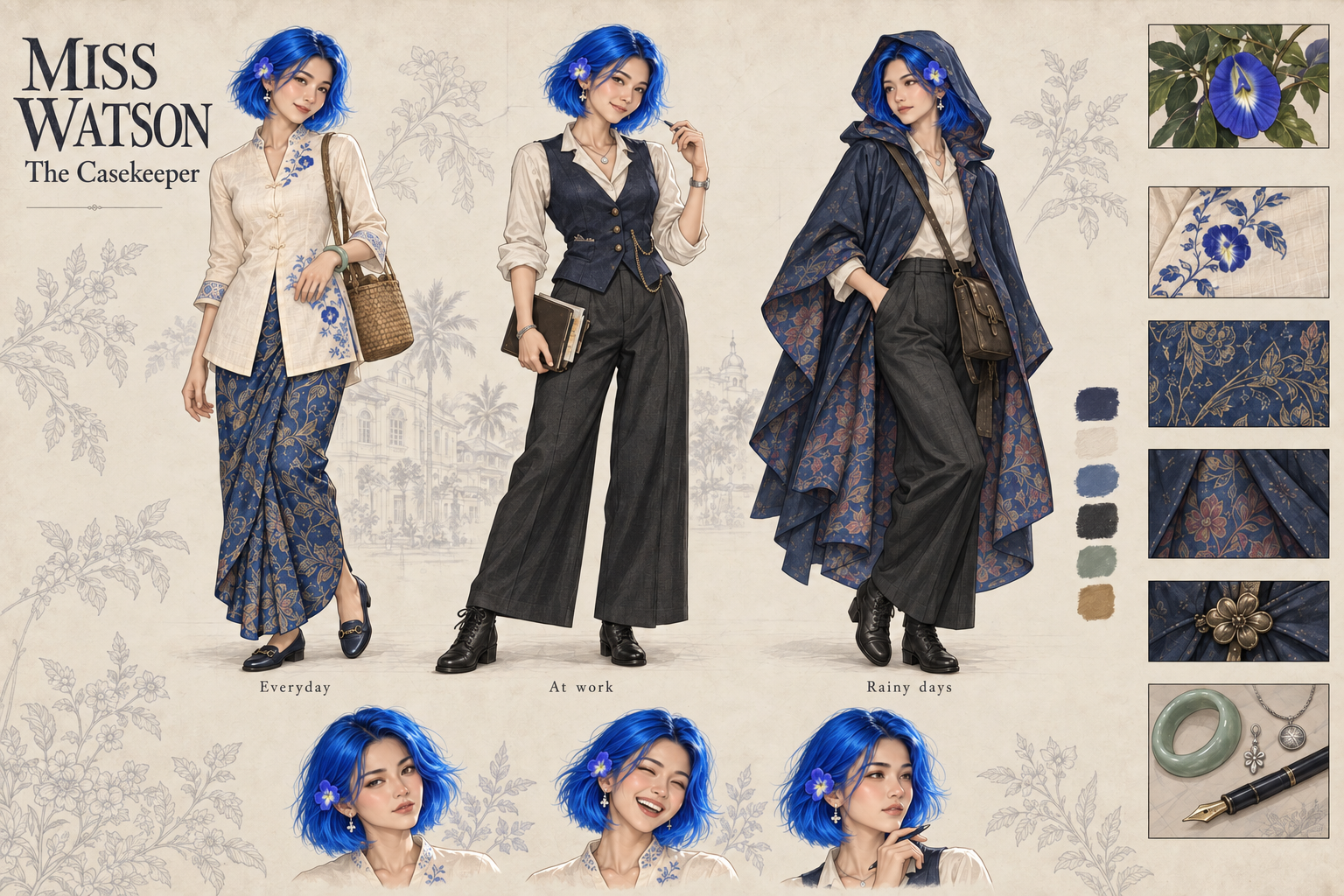 Miss Watson’s original watercolor character studies with electric-blue hair, cream clothing, indigo batik and expressive portraits.