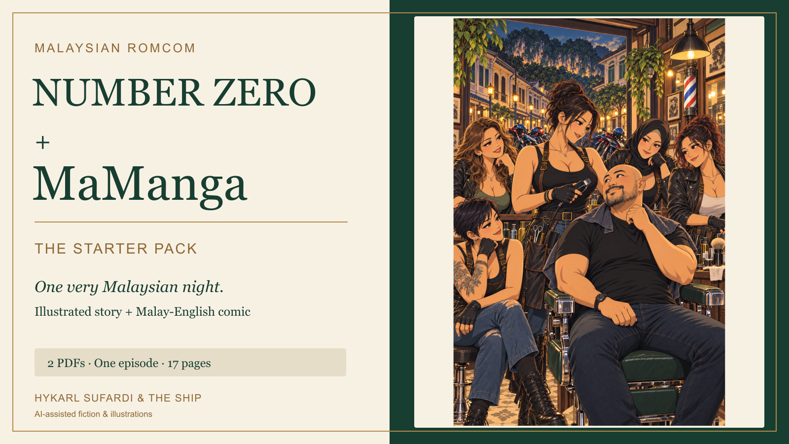 Number Zero + MaManga starter-pack cover: an illustrated Malaysian haircut comedy, one episode in two PDF editions.