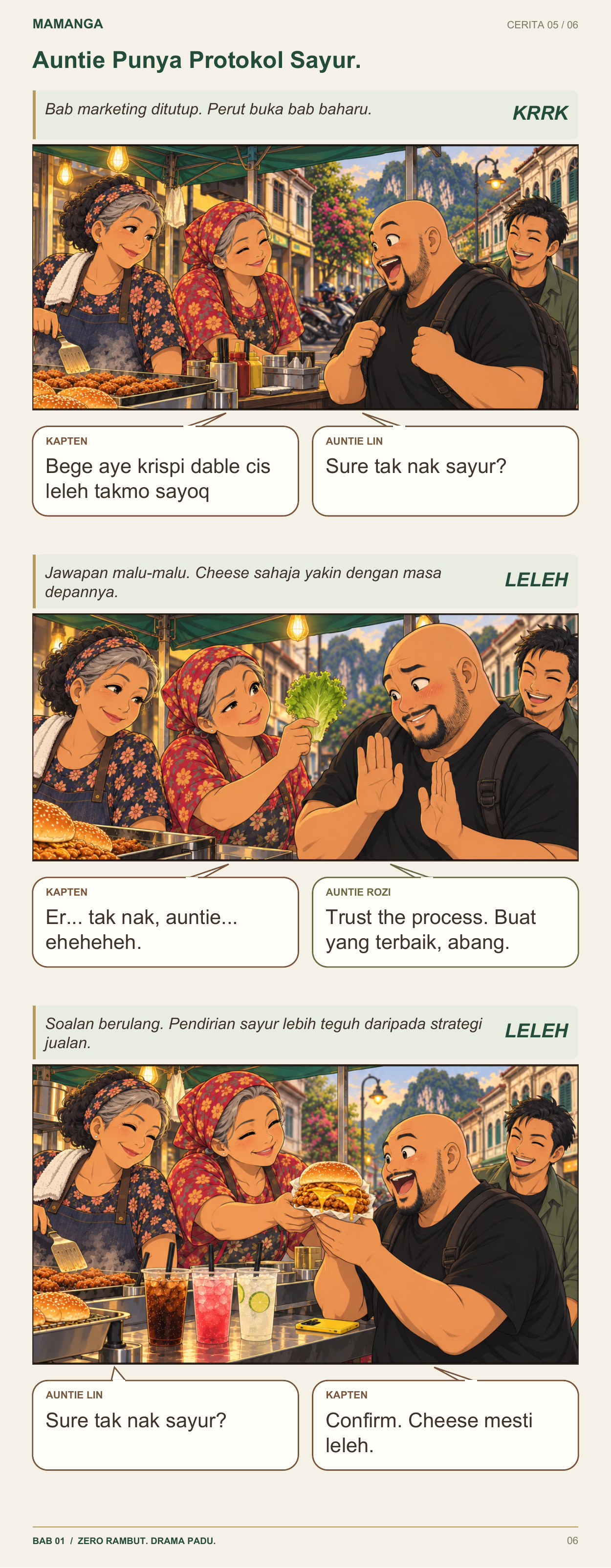 Complete public preview of MaManga page six, Auntie Punya Protokol Sayur, with all three panels and Malay-English dialogue.
