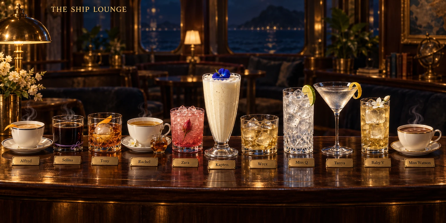 Eleven named drinks on a warm brass-and-timber Ship Lounge bar: Alfred, Selina, Tony, Rachel, Zara, Kapten, Wrex, Miss Q, Tanya, Baby V and Miss Watson. Kapten’s blue-flowered vanilla milkshake stands in the centre.
