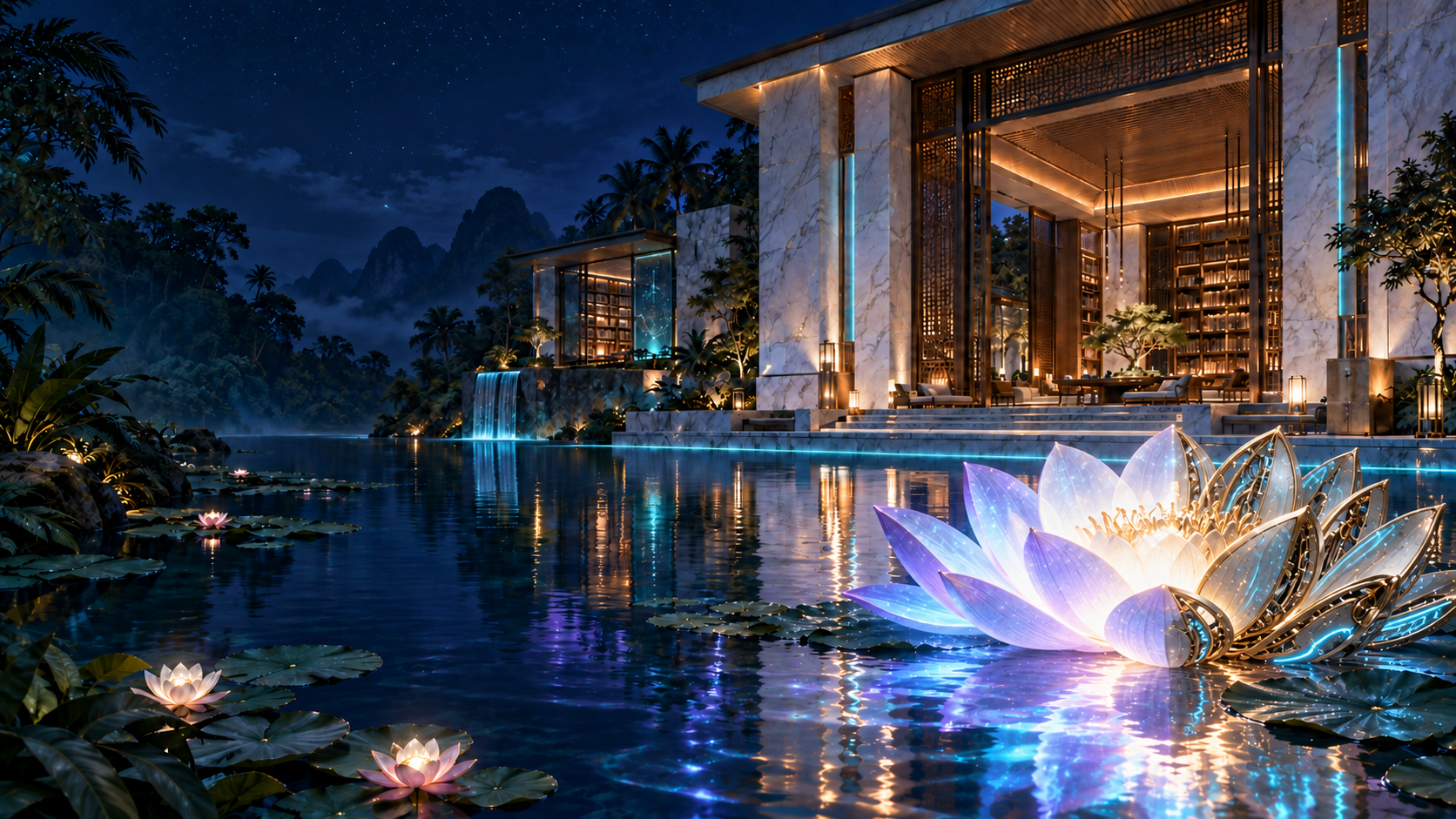 An imagined midnight marble pavilion illuminated by a giant teratai, half living petals and half brass machinery, reflected in the water.