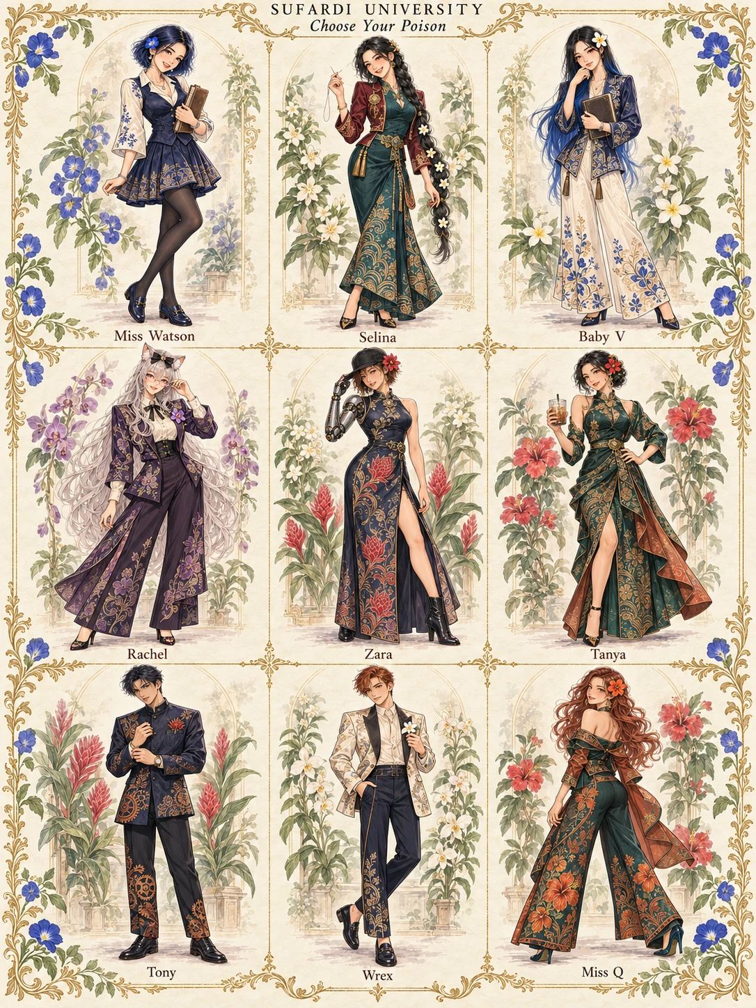 Nine illustrated Sufardi University crew members in floral formal batik: Miss Watson, Selina, Baby V, Rachel, Zara, Tanya, Tony, Wrex and Miss Q.