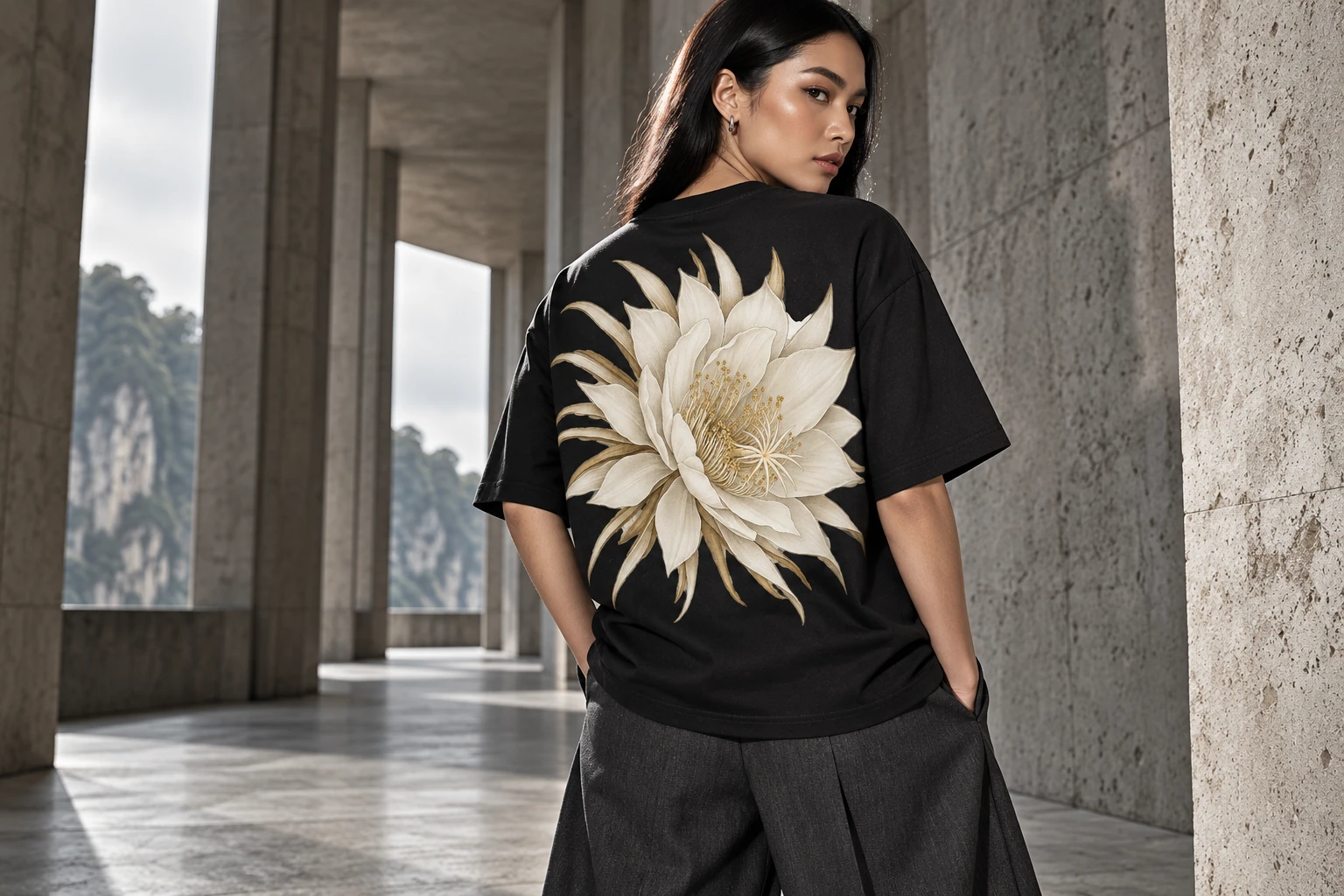 AI-generated adult model wearing the Bakawali House of Threads design in a concrete corridor