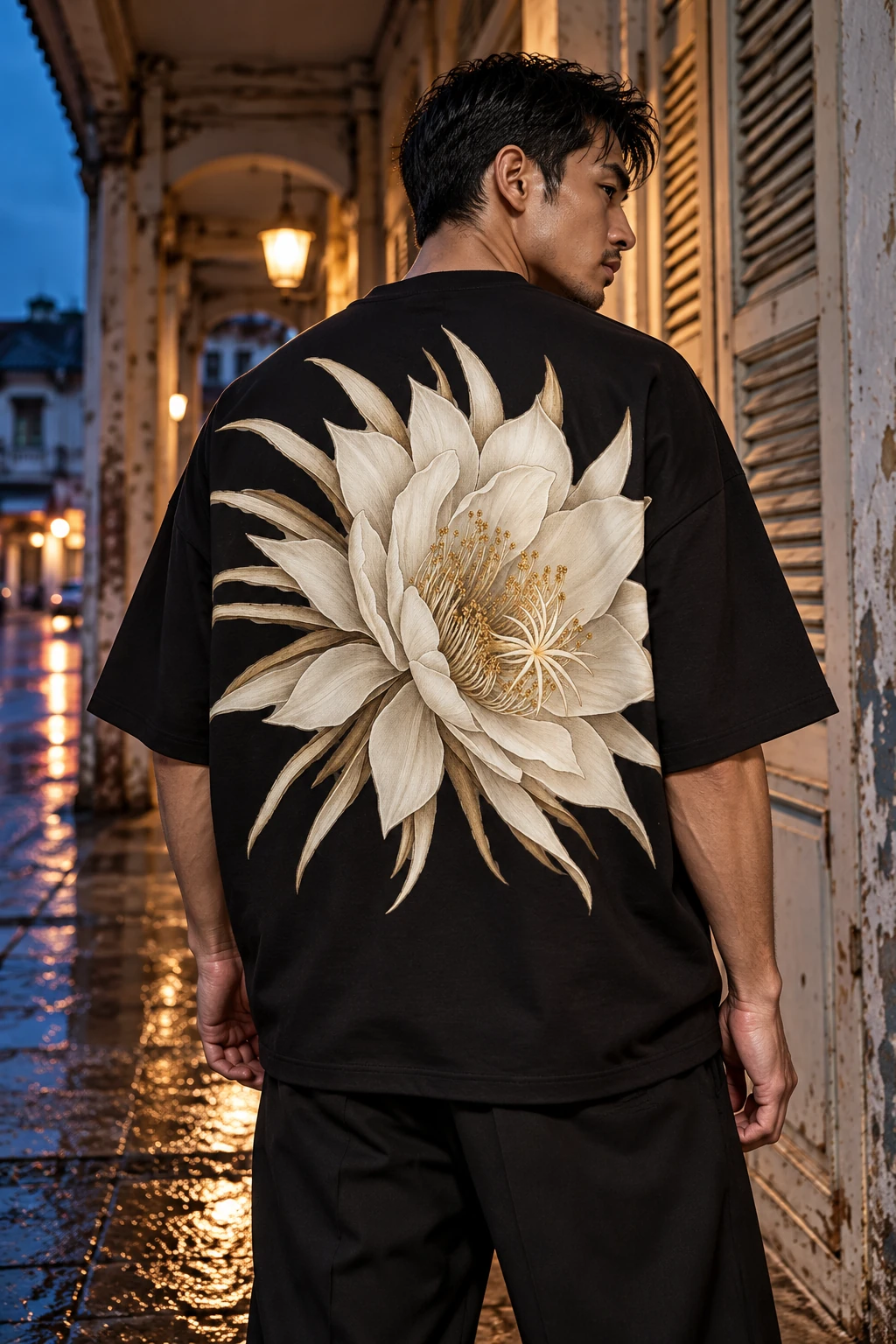 AI-generated campaign concept of an adult model wearing Bunga Bakawali on a black tee.