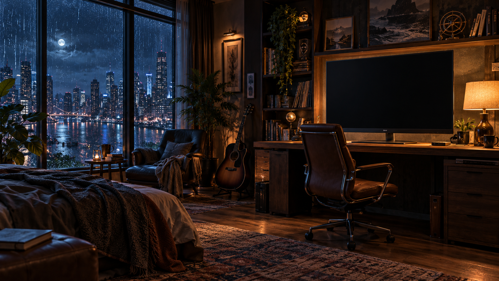 A detailed night dormitory with a rainy city window, a warm desk lamp, a guitar, books, a bed and a monitor