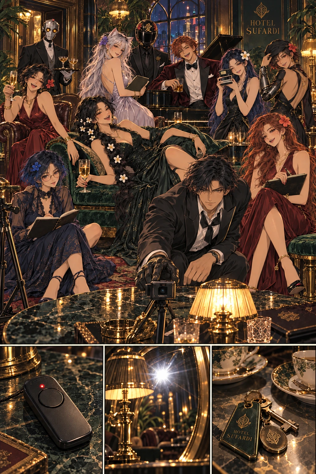 Midnight, All Present. Eleven fictional creative characters: Kapten, Alfred, Selina, Tony, Rachel, Zara, Wrex, Miss Q, Tanya, Baby V and Miss Watson.