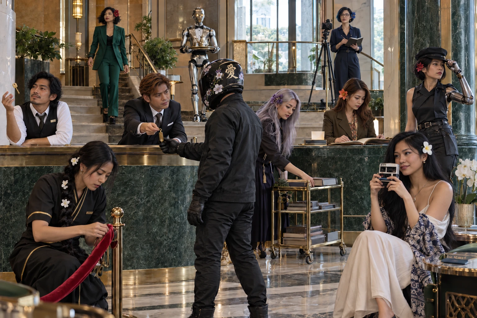 Eleven fictional Hotel Sufardi characters in different candid actions around an imagined lobby