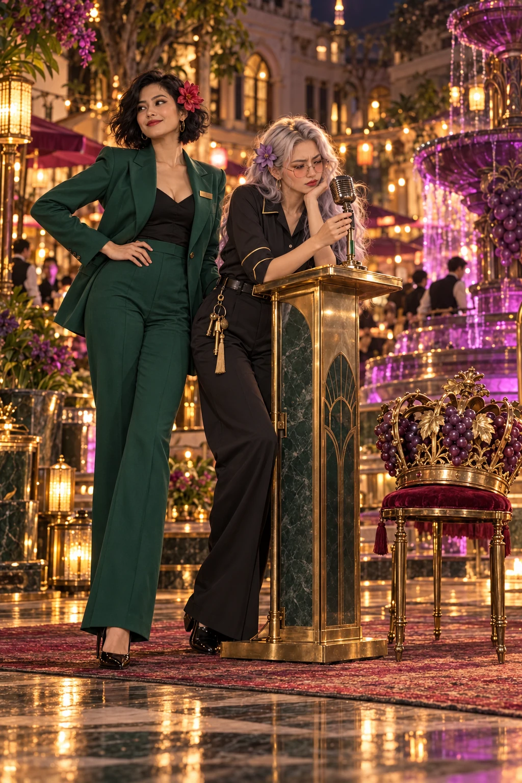 Tanya and Rachel inspecting a battered brass microphone beside a grape-shaped crown at the market podium.