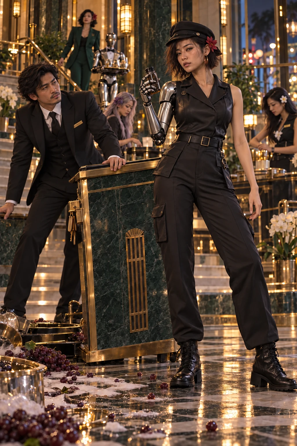 Zara, her right arm mechanical, holding a pepper bottle beside the shifted marble podium.