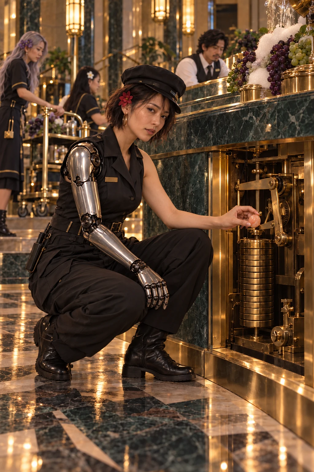 Zara, her right arm mechanical, crouching at the open brass counterweight with a peach stone.