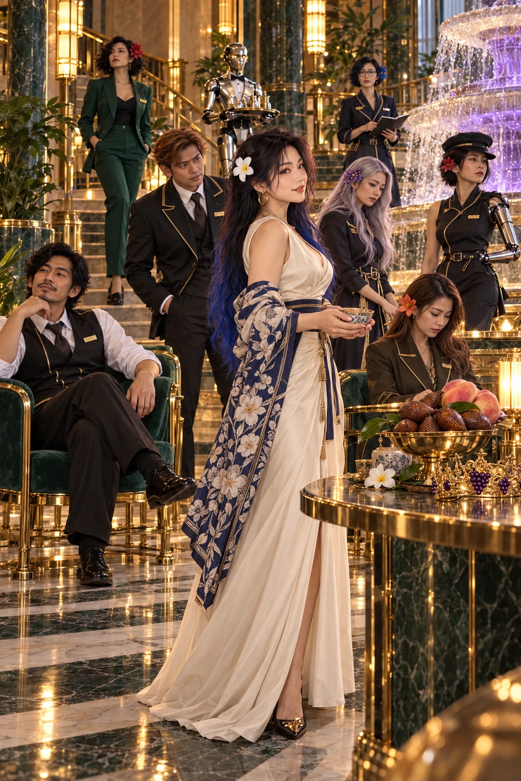 Baby V in her ivory host uniform offering a ceramic cup of nectar beside a discarded grape crown.