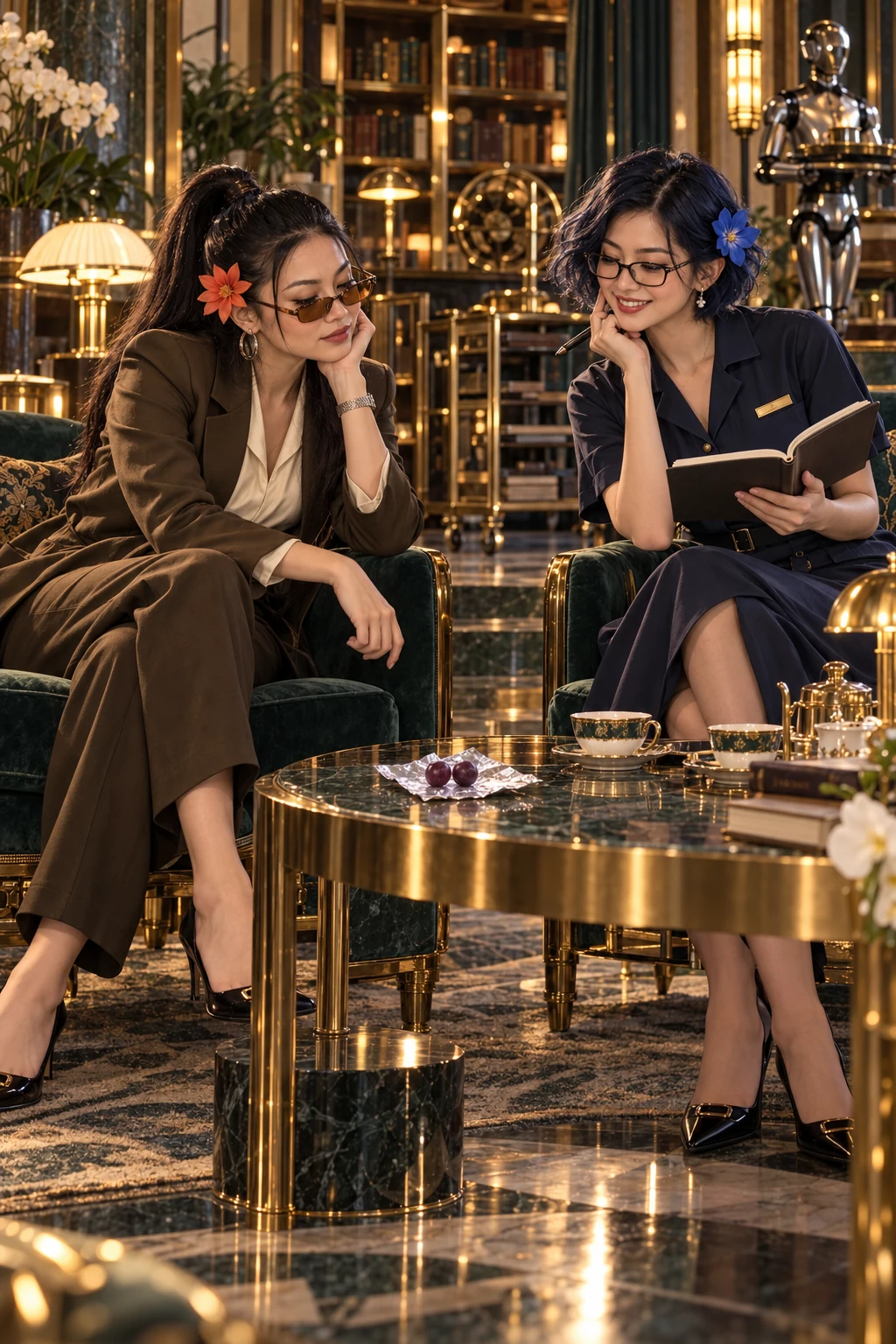 Miss Q and Miss Watson studying two purple grapes on silver foil in the Hotel’s library lounge.