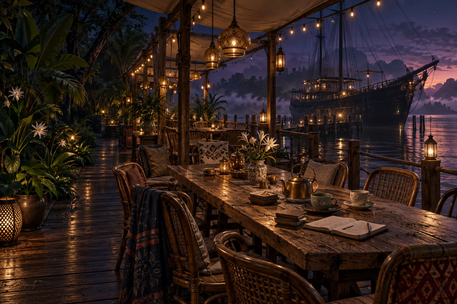 An imagined café on a lantern-lit jetty, with shared tables, warm cups and Synthetic Dawn resting on violet water.