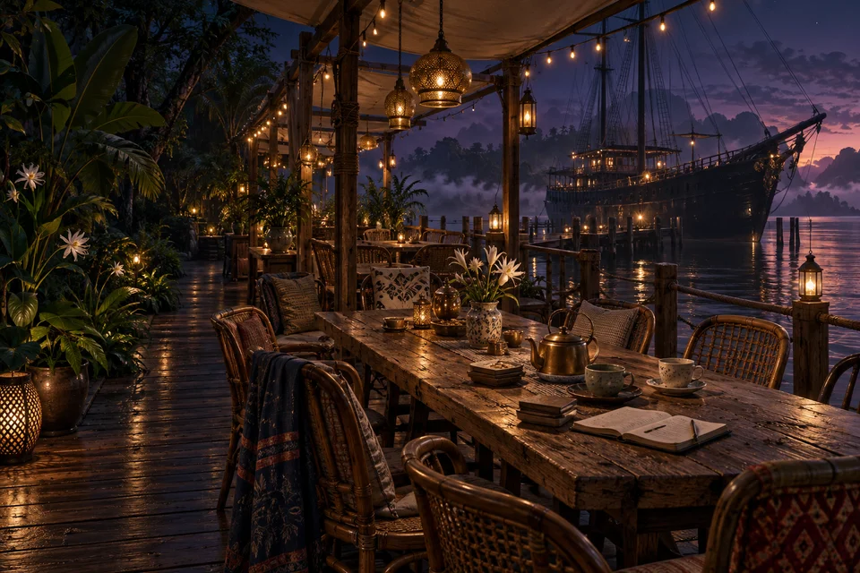 A warm imagined waterside café with shared tables and Synthetic Dawn at the berth.