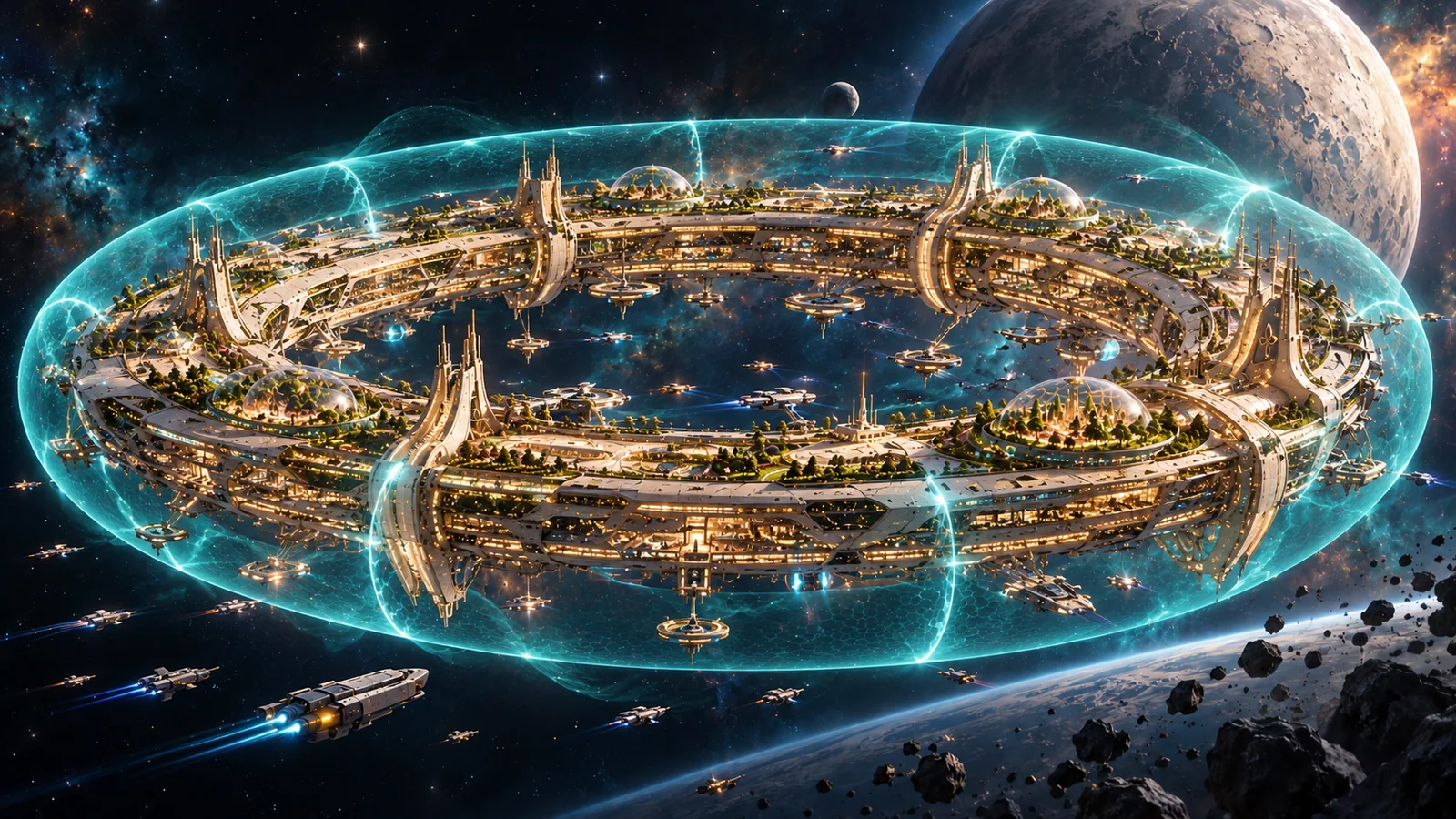 Synthetic Dawn’s luminous loop city around its sheltered harbour